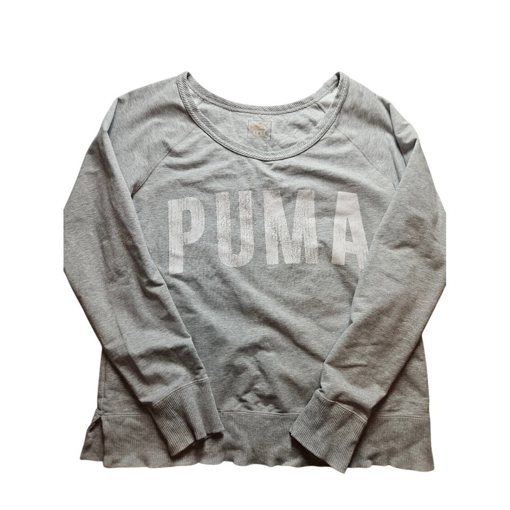 Puma Womens Dry Cell Sweatshirt Gray Distressed Logo Scoop Neck Pullover Medium